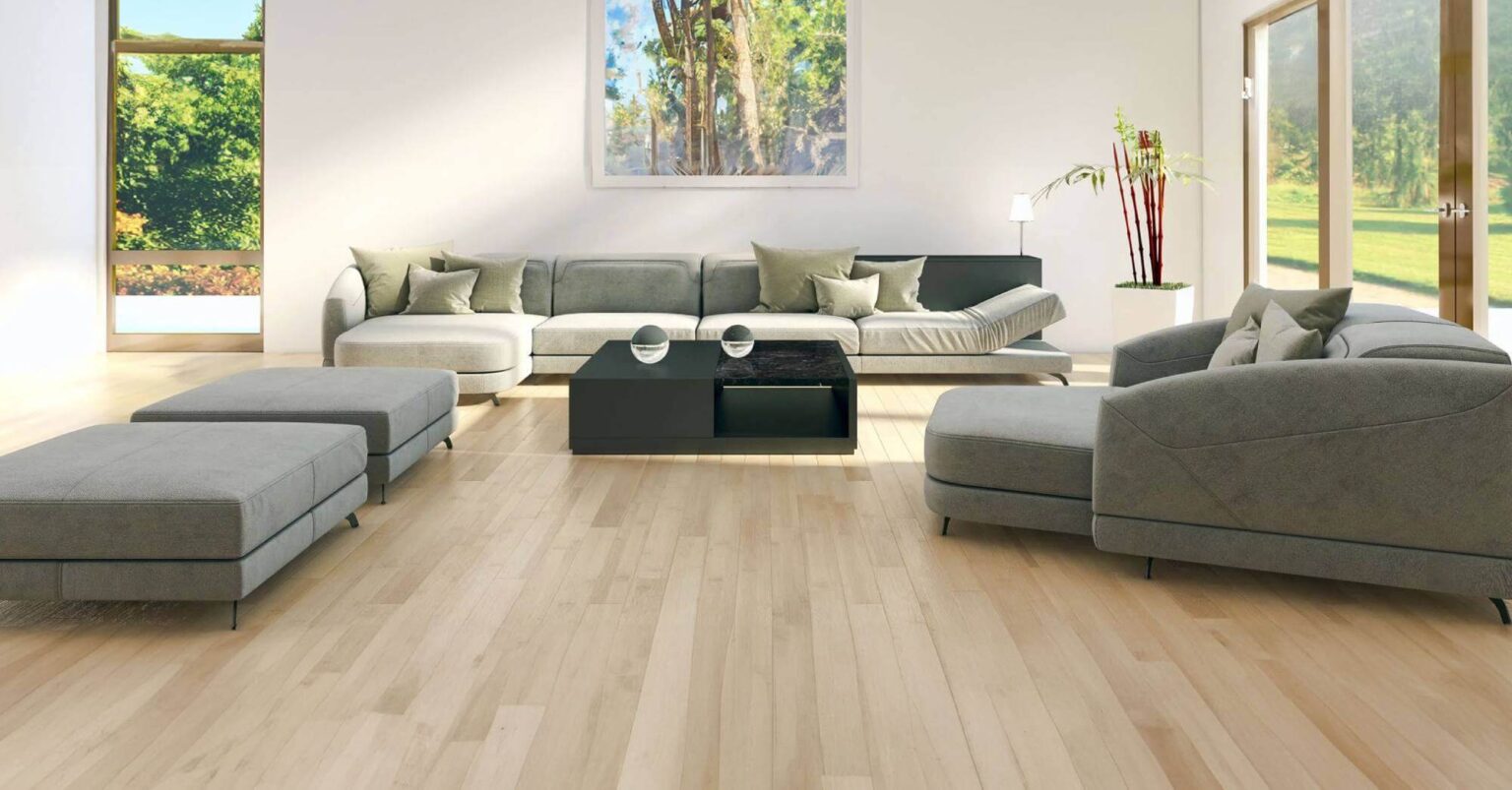 Living room with white walls and light brown floors